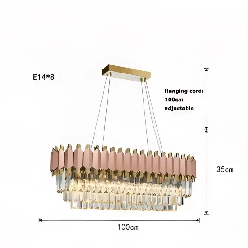 Decorbites art deco two-tiered chandelier with rose-gold metallic rods and clear crystal prisms in gold finish