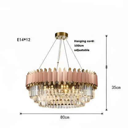 A modern two-tiered decorbites art deco chandelier with rose gold and clear crystal elements for elegant lighting