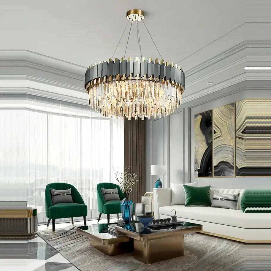 A decorbites art deco gray and gold crystal chandelier with circular metallic frame and cascading golden strands