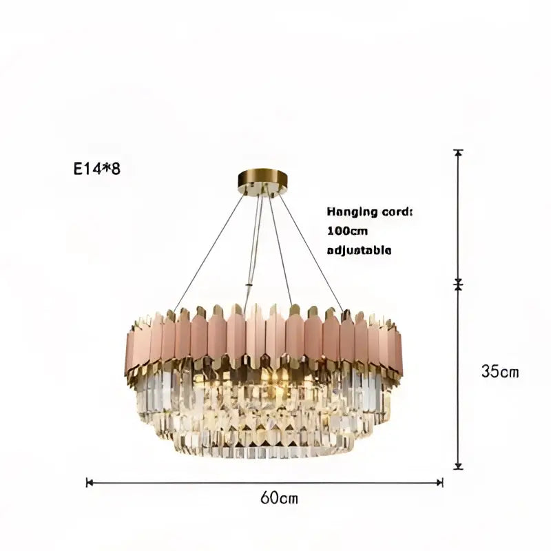 A decorbites art deco chandelier with circular rose gold and clear crystals suspended from a brass ceiling mount