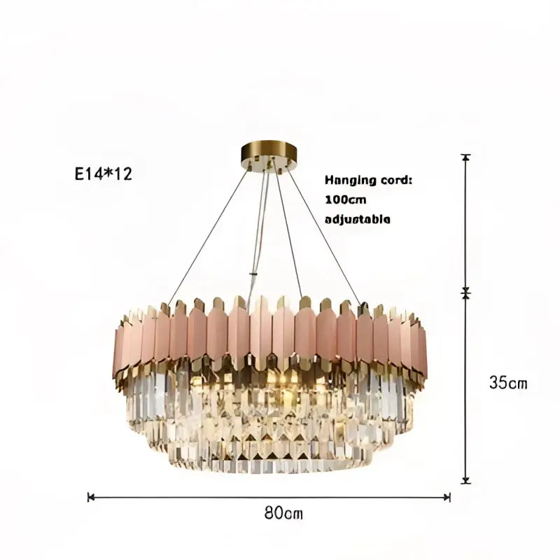 A decorbites art deco gray and gold crystal chandelier with circular rose gold and clear prisms and brass mount