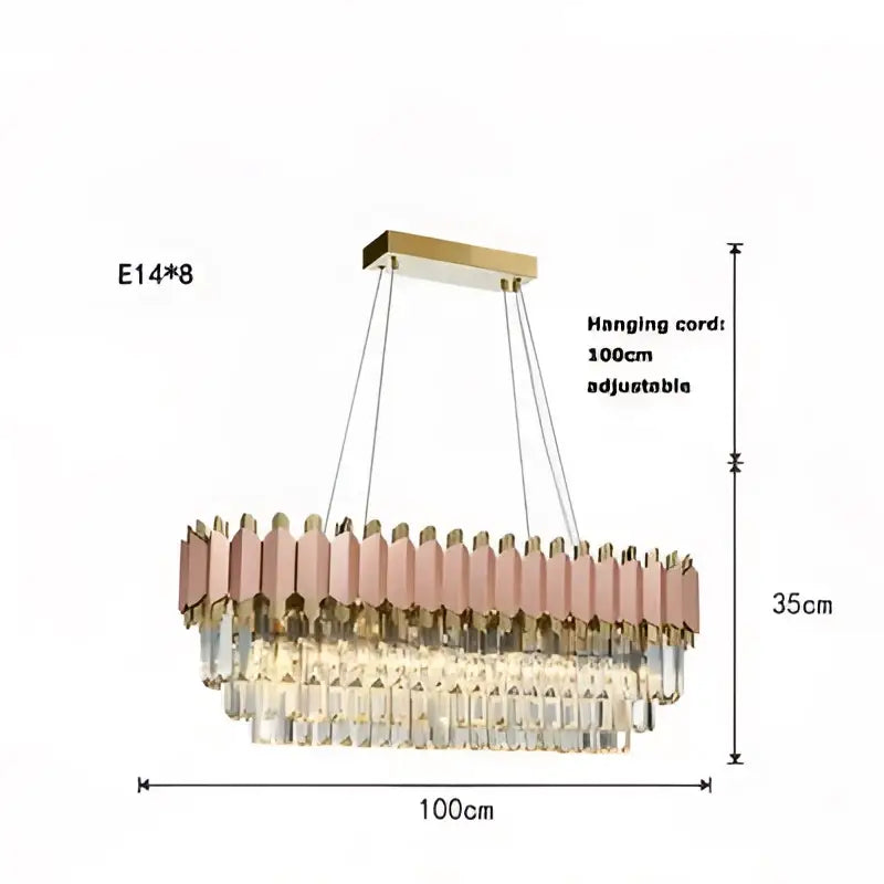 A decorbites art deco gray and gold crystal chandelier with two tiers of rose-gold accents and clear prisms