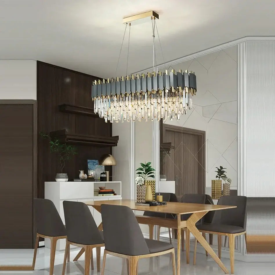 Modern rectangular decorbites art deco chandelier with gold frame and layered gray clear crystal accents for elegant lighting