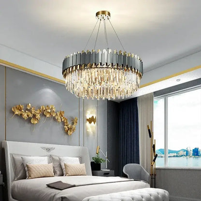 Decorbites art deco gray and gold crystal chandelier with metallic frame and cascading clear prisms for foyer lighting