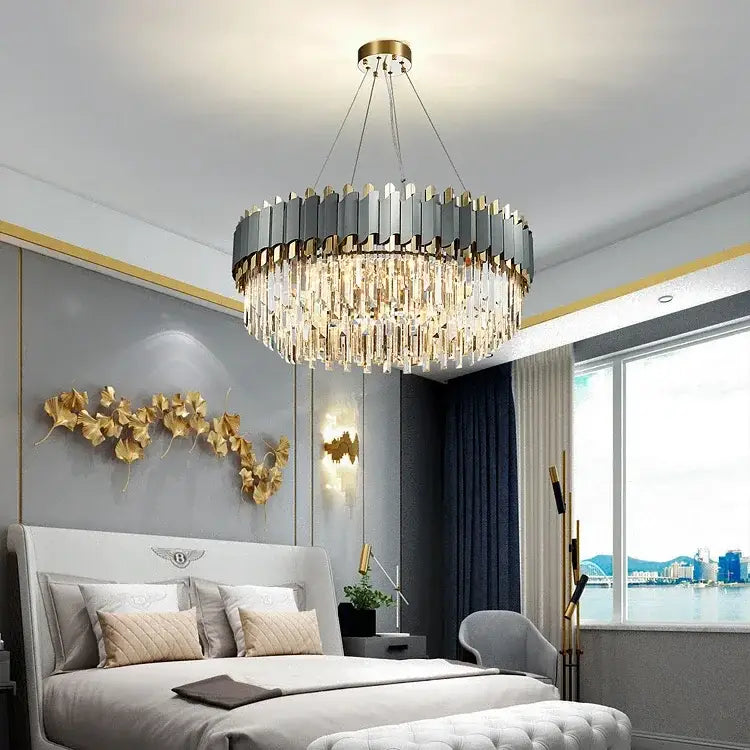 Decorbites art deco gray and gold crystal chandelier with metallic frame and cascading clear prisms for foyer lighting