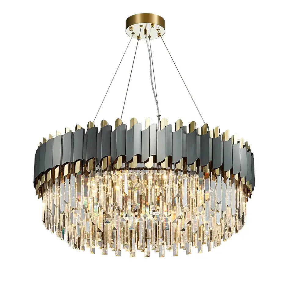 Decorbites art deco gray and gold crystal chandelier with sleek black and gold frame and cascading clear prisms