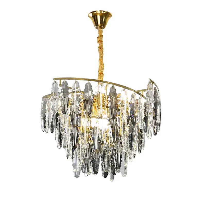 Elegant gold-toned decorbites art deco led crystal chandelier with cascading clear and smoky droplets for foyer lighting