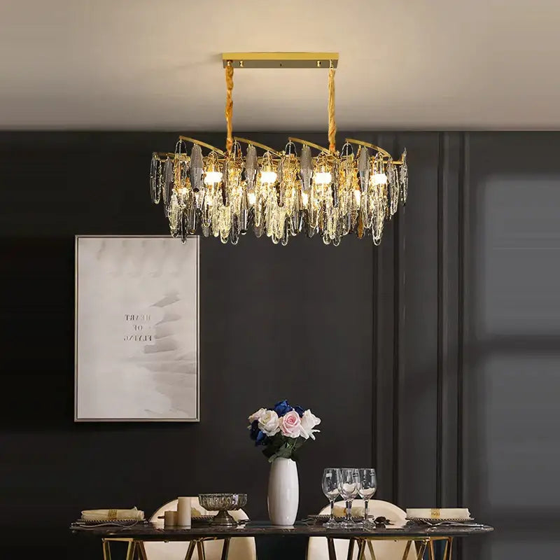 Gold-toned decorbites art deco led crystal chandelier with cascading droplets for elegant foyer lighting