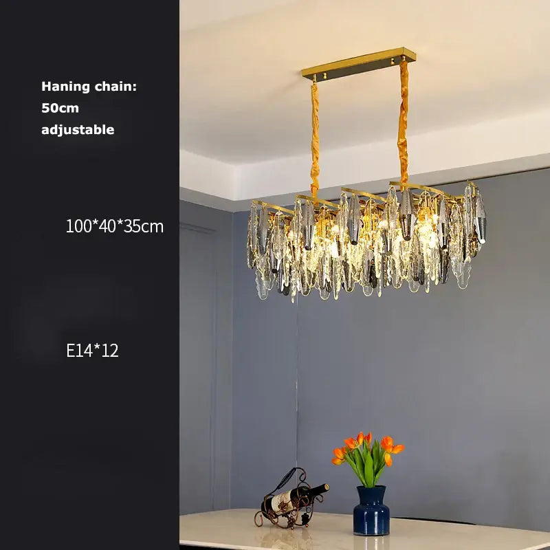 Gold-toned rectangular decorbites art deco led chandelier with cascading clear and frosted crystal droplets for foyer lighting