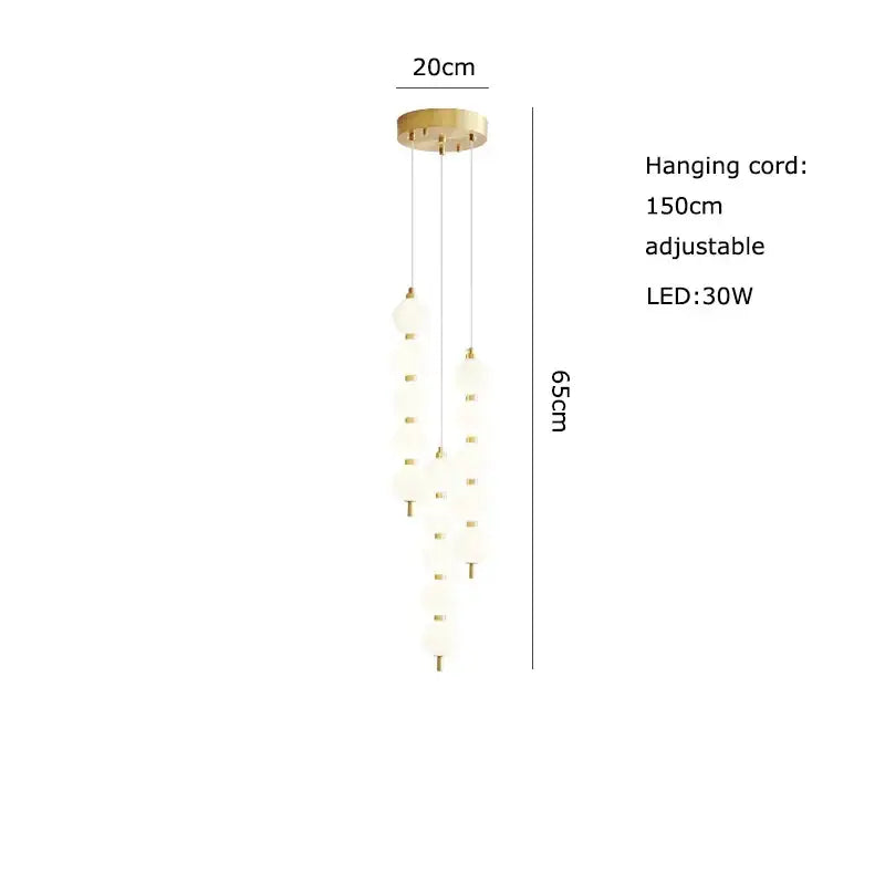 Gold-toned DecorBites Art Deco pendant light with frosted glass globes and LED illumination suspended from ceiling mount