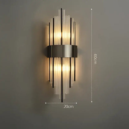 Modern wall sconce with vertical glass rods and brushed metal band in decorbites art deco led golden black steel design