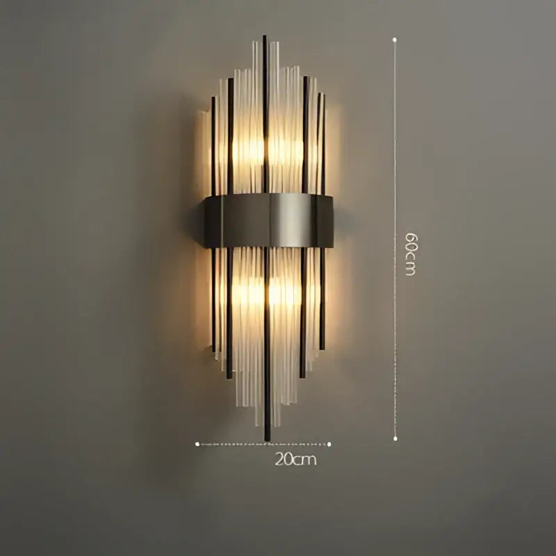 Modern wall sconce with vertical glass rods and brushed metal band in decorbites art deco led golden black steel design