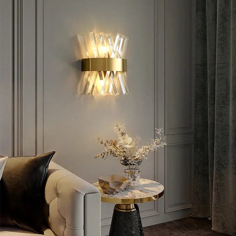 Gold-toned decorbites art deco led wall sconce with clear crystal rods on stainless steel base for bedroom corridor lighting