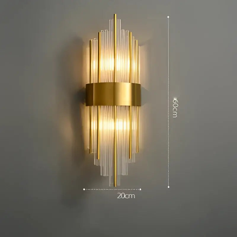 Gold-toned decorbites art deco led wall sconce with vertical glass rods and brass band for bedroom and corridor lighting