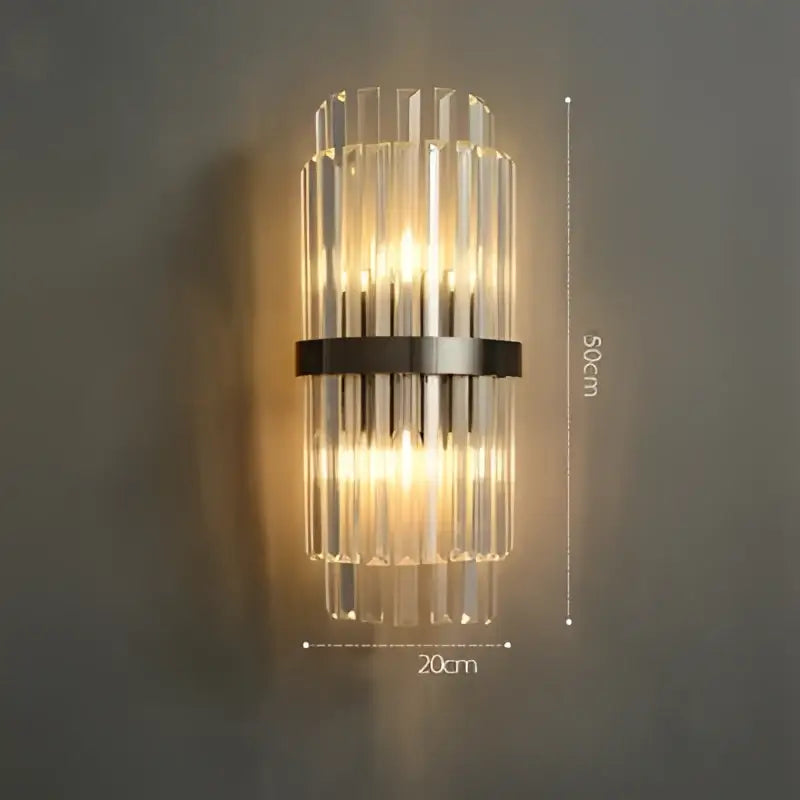 Modern wall sconce with vertical crystal rods and sleek black metal band by decorbites art deco led for bedroom corridor