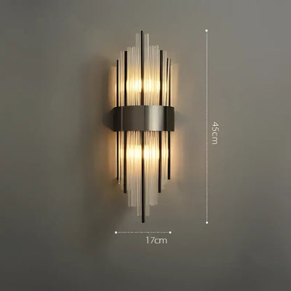 Modern decorbites art deco led wall sconce with stainless steel frame and vertical glass rods emitting warm light