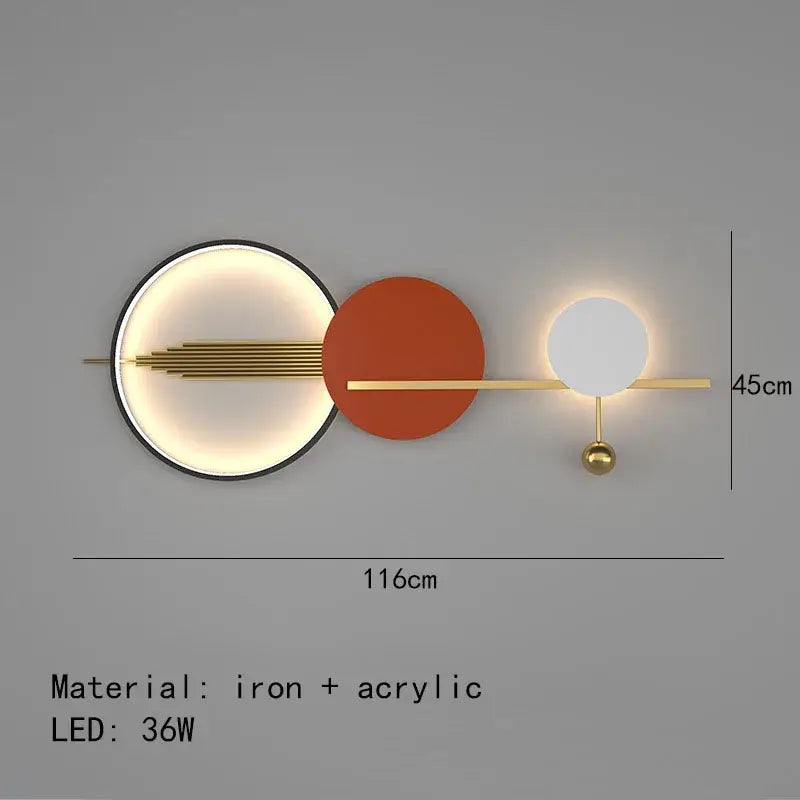 Modern minimalist decorbites art deco led wall lamp with gold iron, acrylic, warm white light, and orange accent disc