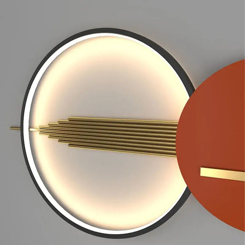 Modern circular decorbites art deco ceiling light with black frame golden rods and glowing white ring for bedroom sconce