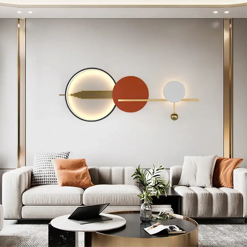 Modern geometric decorbites art deco metal wall sconce with black terracotta white circular lights and gold bars for bedroom use