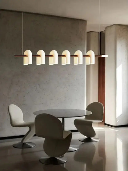Modern minimalist decorbites art deco white acrylic arched chandelier with six warm-toned glass shades for living room lighting