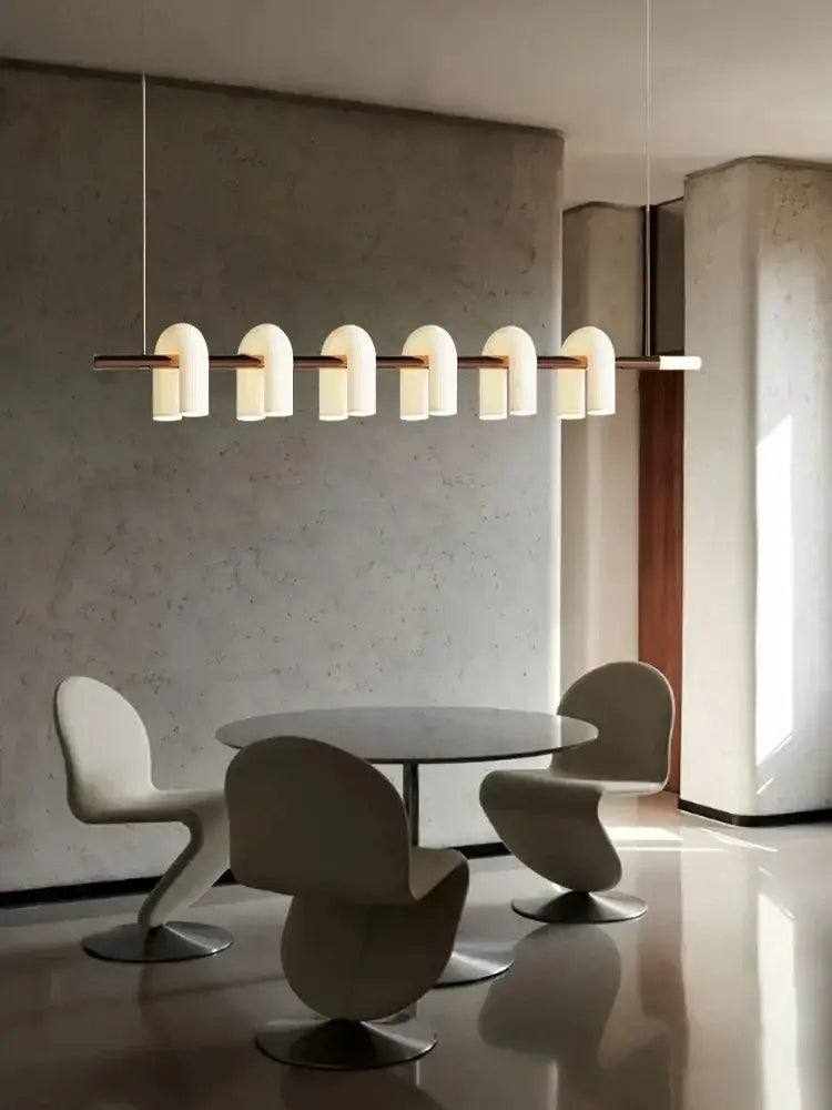 Modern minimalist decorbites art deco white acrylic arched chandelier with six warm-toned glass shades for living room lighting