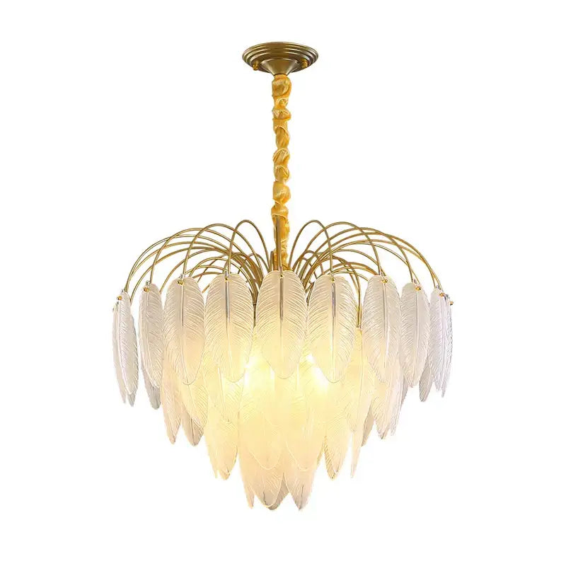 Decorbites art deco white glass feather chandelier with gold-toned cascading translucent shades for bedroom lighting