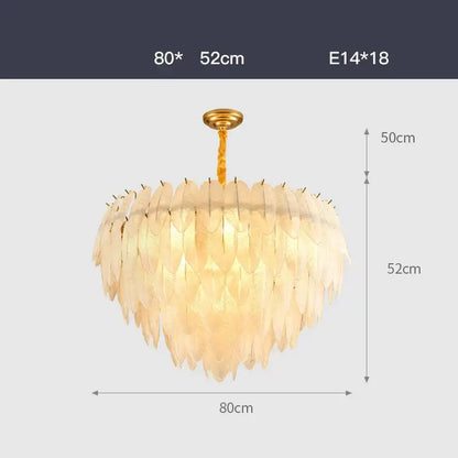 Golden-toned decorbites art deco white glass feather chandelier with layered translucent shades for bedroom use