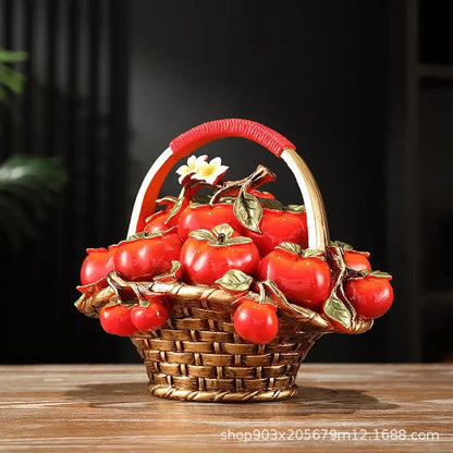 DecorBites artificial fruit tree apple basket ornament with golden woven basket red handle and glossy artificial fruit