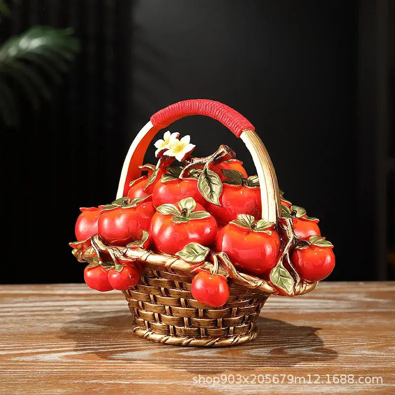 Decorbites™ artificial fruit tree apple basket with golden-woven design, glossy red persimmons, and red textured handle