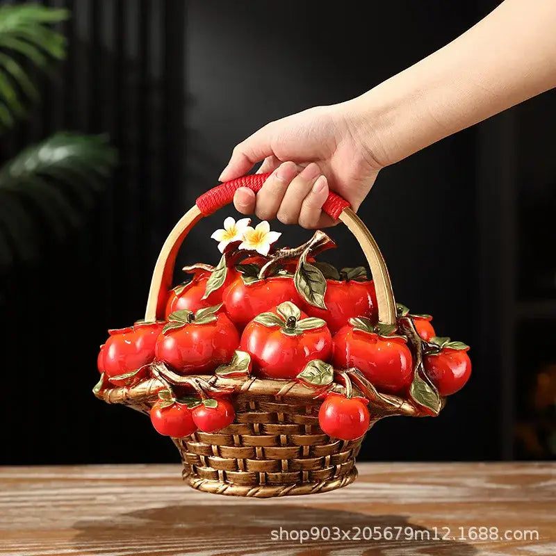DecorBites artificial fruit tree apple basket with decorative ceramic basket, gold-tone base, red artificial persimmons, and flowers