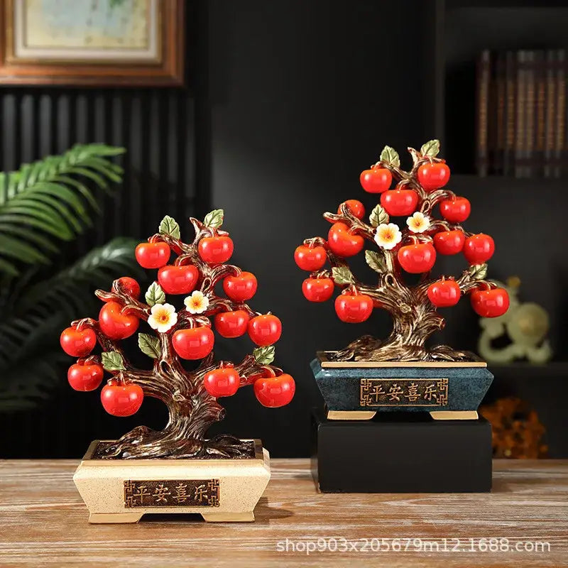 Two artificial fruit tree apple basket ornaments with red resin fruit, bronze branches, green leaves, white blossoms in ceramic pots with chinese characters