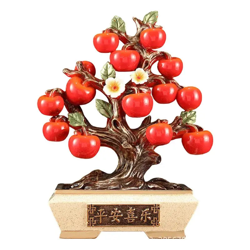 Decorbites™ artificial fruit tree apple basket figurine with glossy red apples, green leaves, white blossoms, and engraved base