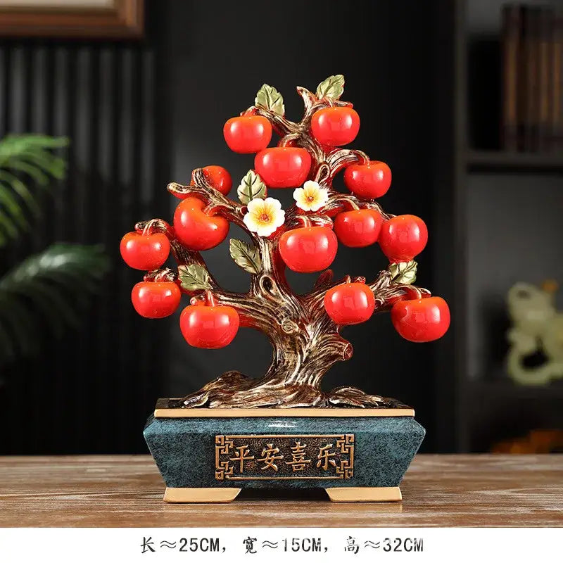 DecorBites artificial fruit tree figurine with glossy red apples, golden branches, white flowers on dark green marble base