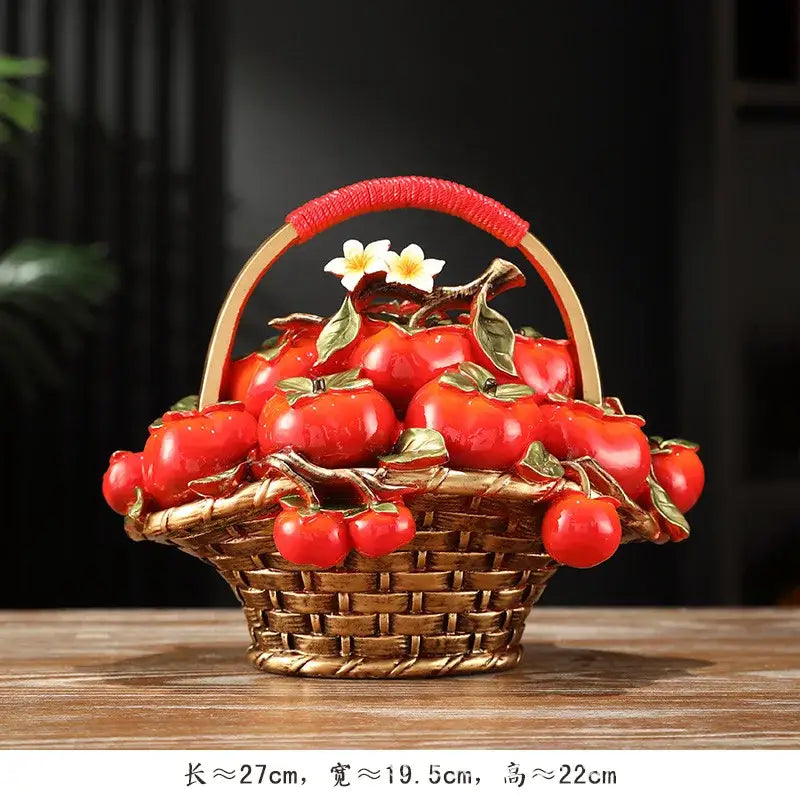 Decorbites™ artificial fruit tree apple basket with golden woven design red handle and glossy red tomato figurines