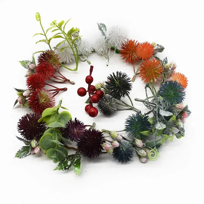 Decorbites artificial grass plants wreath with red orange green spiky blooms glossy berries and faux leaves for home decor
