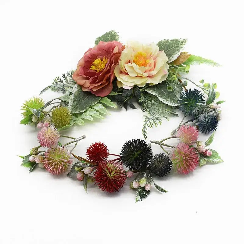 Decorbites™ artificial grass plants wreath with pink cream red blooms green leaves and thistle for home decor wedding gift