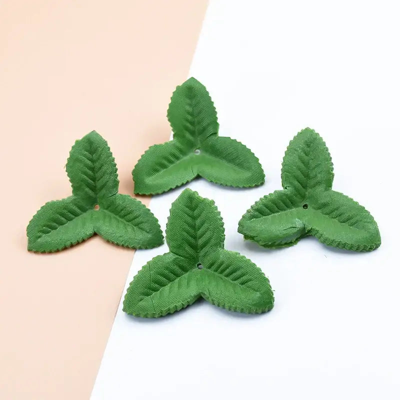 Decorbites artificial green three-leaf fabric charms with textured veining for silk roses and artificial green leaves decor