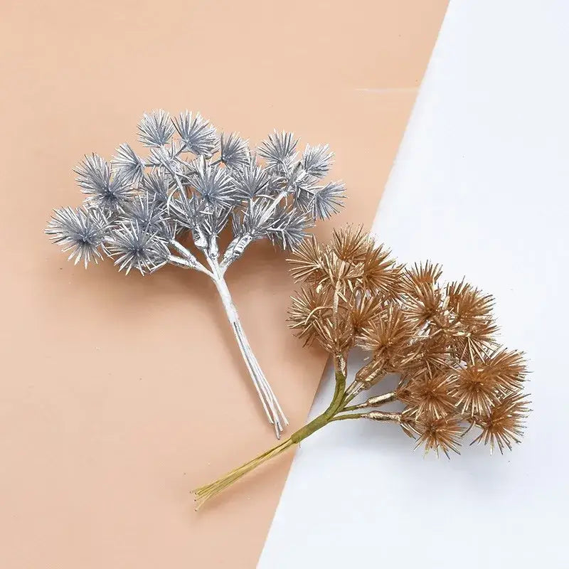 Silver and gold metallic faux pine sprigs with spiky textured foliage in decorbites™ artificial gypsophila plants for home decor