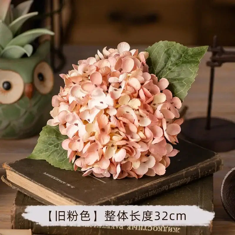 Decorbites artificial hydrangea silk flower arrangement in soft pink cream hues with realistic green leaves for wedding decor