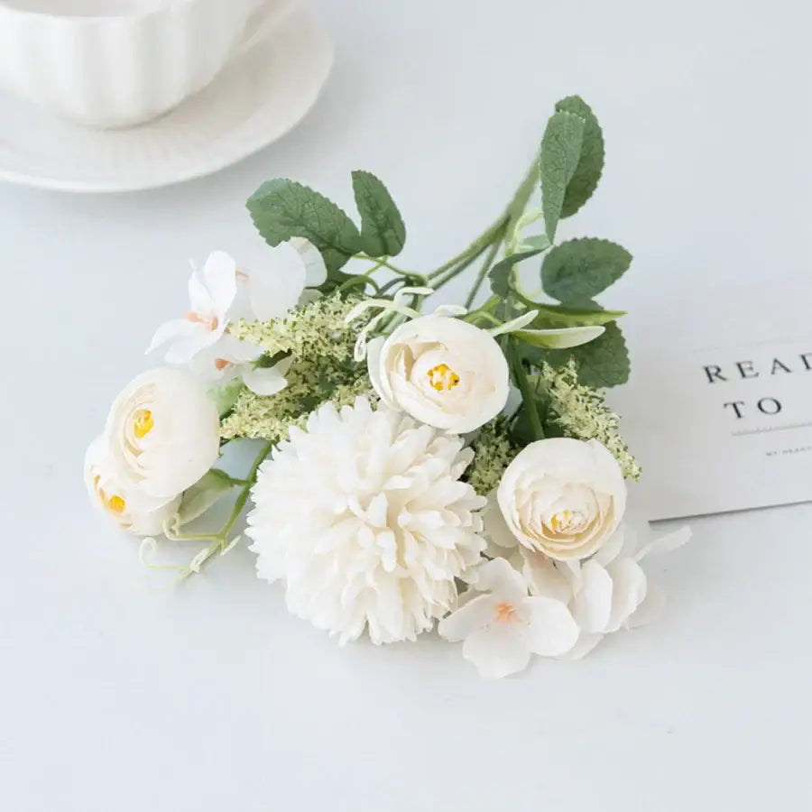 Delicate decorbites artificial hydrangea tea rose bouquet with white petals and yellow centers for home decor and weddings