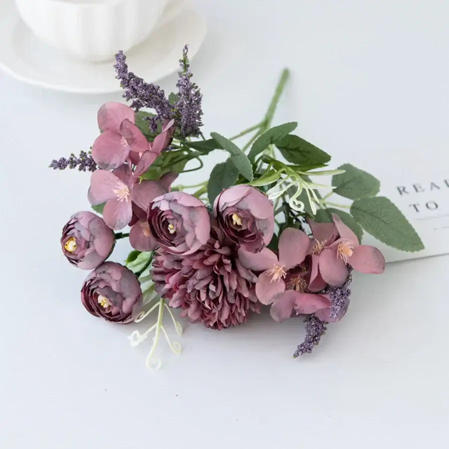 Decorbites artificial hydrangea tea rose bouquet in soft mauve and lavender with layered petals and green foliage for decor