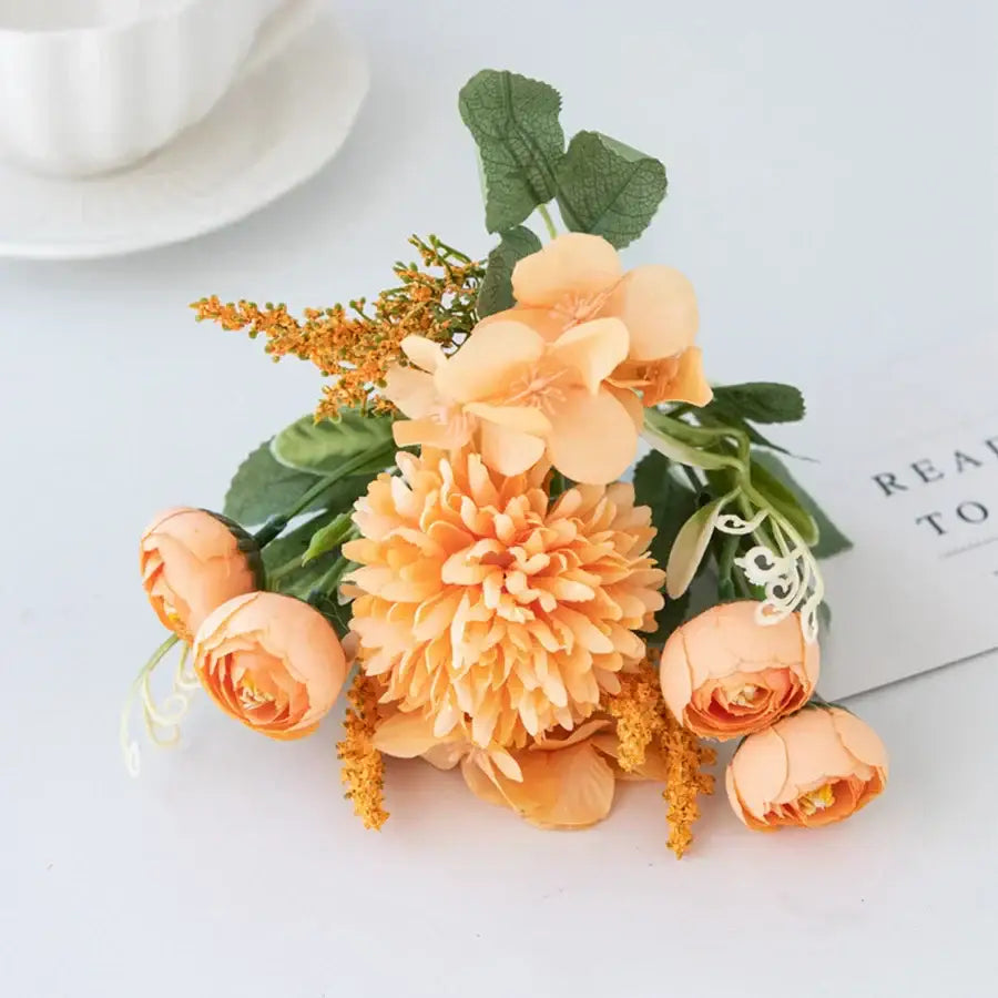 Delicate decorbites artificial hydrangea tea rose bouquet with peach and orange blooms for home decor and weddings