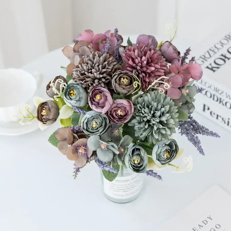 Delicate DecorBites artificial hydrangea tea rose bouquet in muted mauve dusty rose and sage with lavender sprigs for decor
