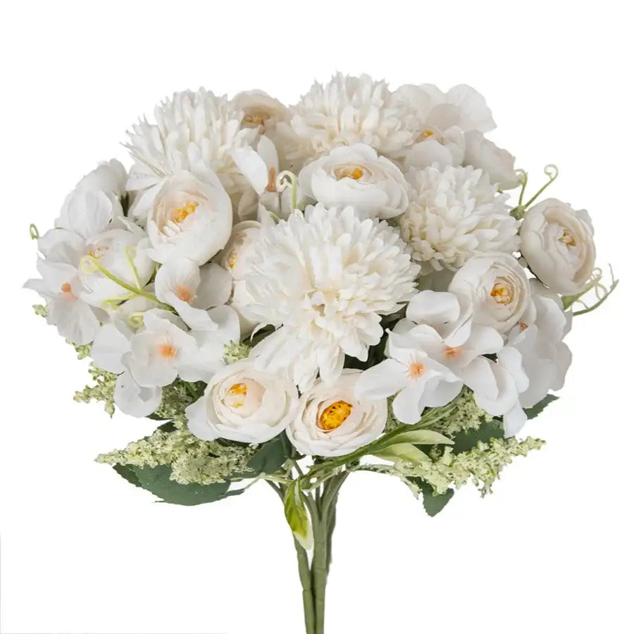 DecorBites artificial hydrangea tea rose bouquet with white peonies yellow centers and green foliage for home decor