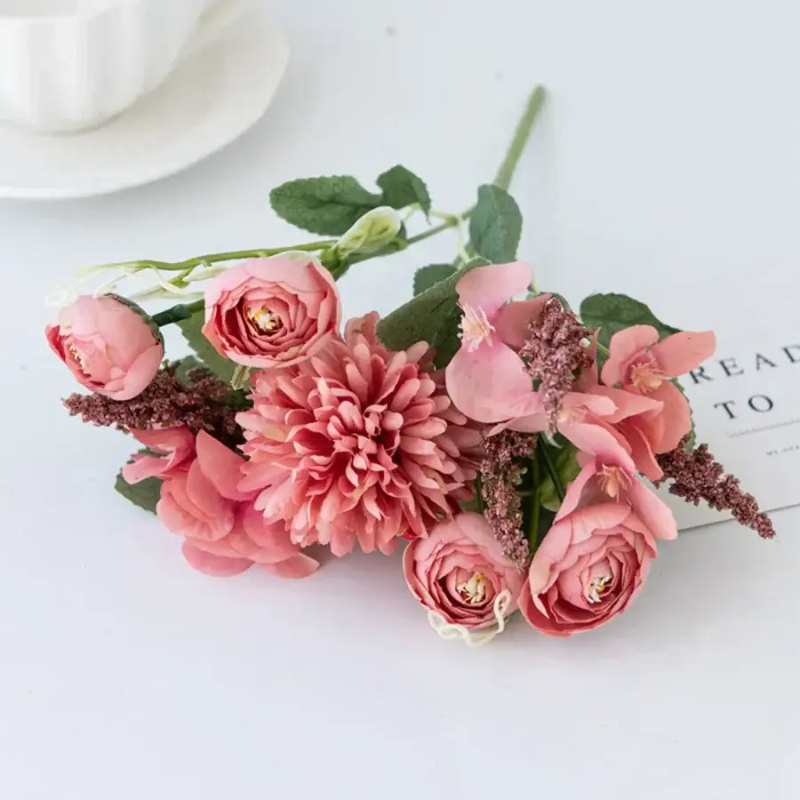 Delicate decorbites artificial hydrangea tea rose bouquet with pink roses green stems and burgundy sprigs for home decor