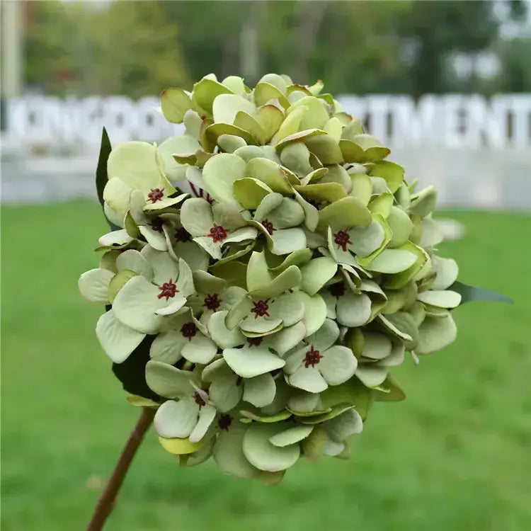 Decorbites artificial hydrangea wedding bouquet with pale green petals and red centers for indoor home decoration