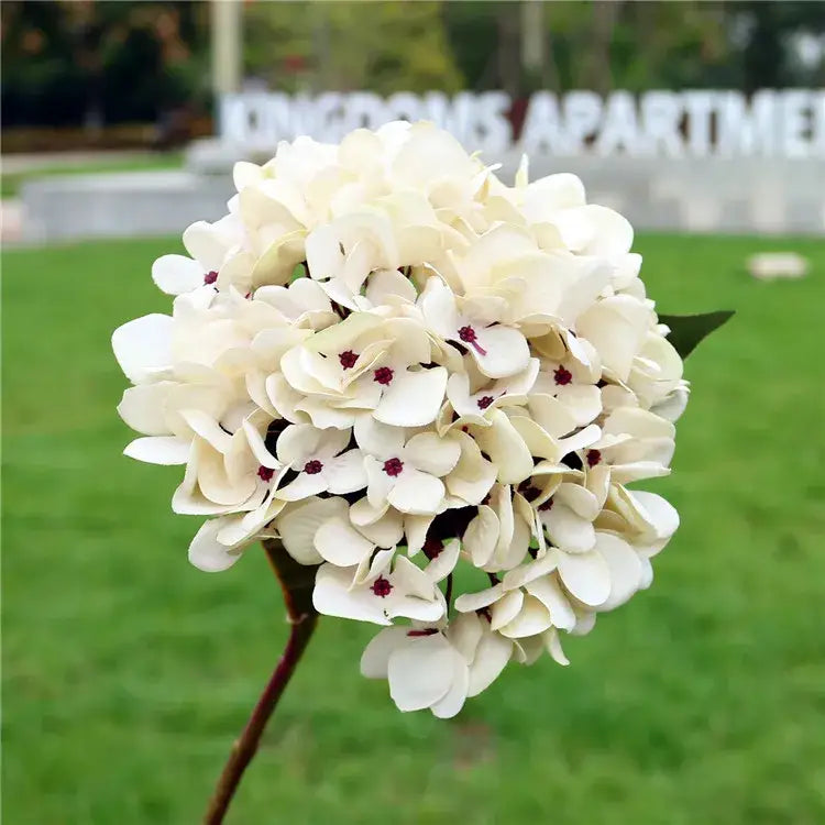 Decorbites™ artificial hydrangea wedding bouquet with delicate white petals and maroon centers for indoor decoration