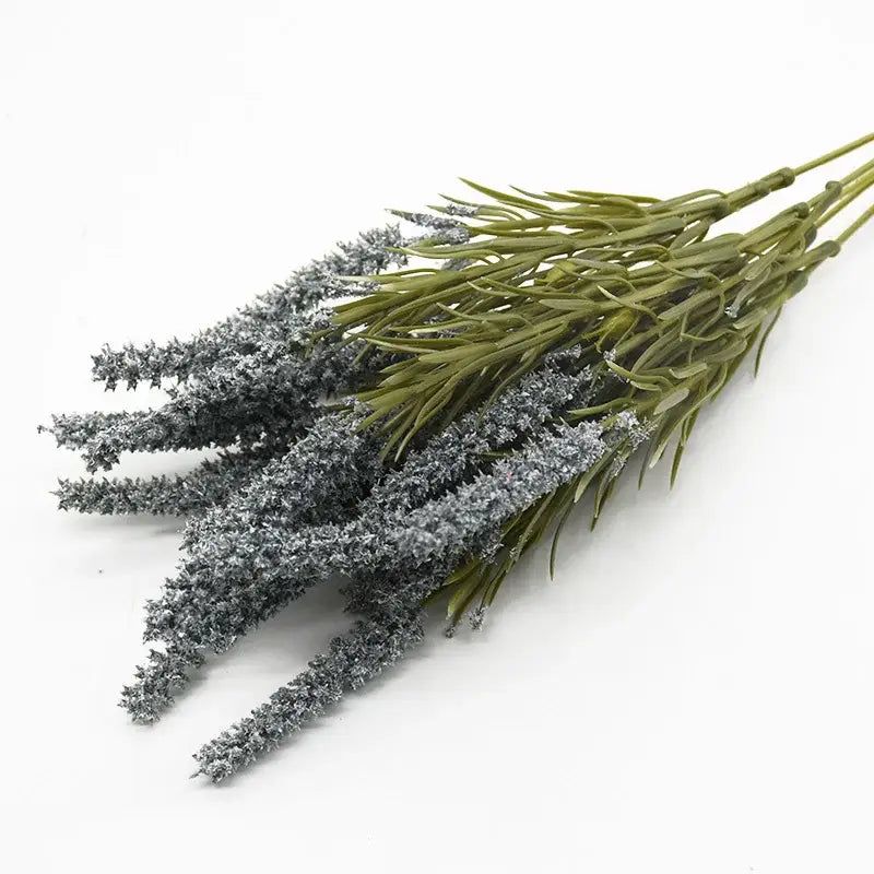 A bundle of decorbites artificial lavender plants with gray frost-like flower clusters and green stalks for home decor