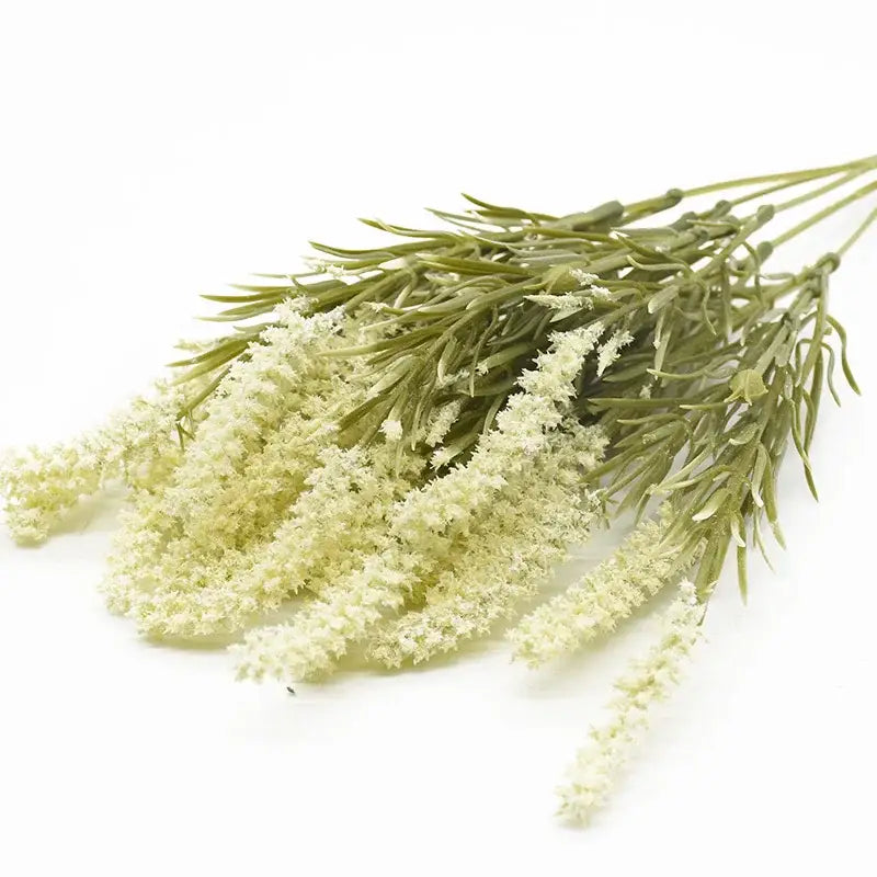 A bundle of artificial lavender plants with white flowers and green foliage for home decor and wedding diy