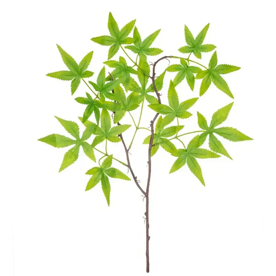 DecorBites artificial maple leaf bouquet featuring vibrant green artificial maple leaf branch with serrated edges and brown stem